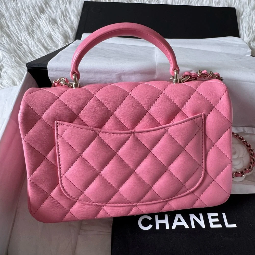 CHANEL 23P Mini Top Handle Pink Lambskin Classic Bag Gold Hardware NIB RARE
